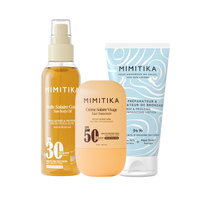 MIMITIKA - TRIO Crème visage SPF50 + Huile solaire SPF30 + Lait Prolongateur de Bronzage